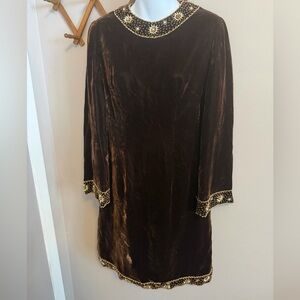 RARE VTG 60s Beaded Chocolate Velvet Mod Shift Dress - Metal Zipper - S
